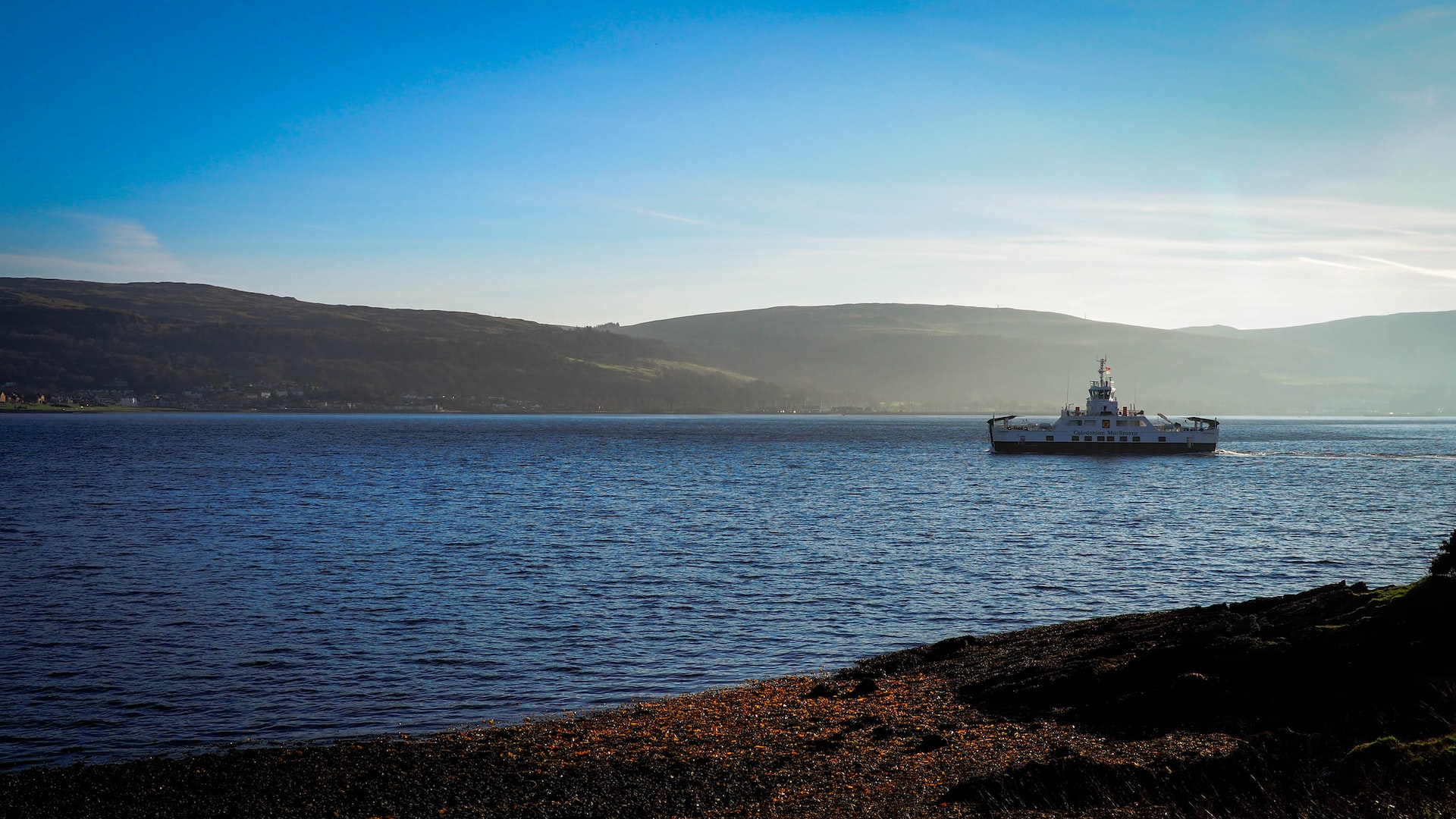 Photo of a CalMac ferry crossing the firth of the Clyde, Scotland